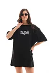Kadın Kısa Kol Yazlık Tişört Bisiklet Yaka Baskılı Oversize T-shirt - Siyah