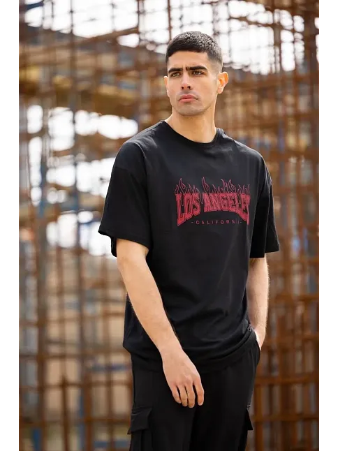 Erkek Kısa Kol Tişört Bisiklet Yaka Los Angeles  Baskılı T-shirt - Siyah