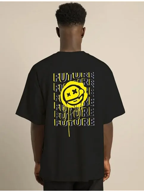 Erkek Kısa Kol Yazlık Tişört Bisiklet Yaka Baskılı Oversize T-shirt - Siyah