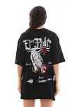 Kadın Kısa Kol Yazlık Tişört Bisiklet Yaka Baskılı Oversize T-shirt - Siyah