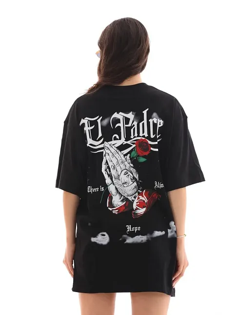 Kadın Kısa Kol Yazlık Tişört Bisiklet Yaka Baskılı Oversize T-shirt - Siyah