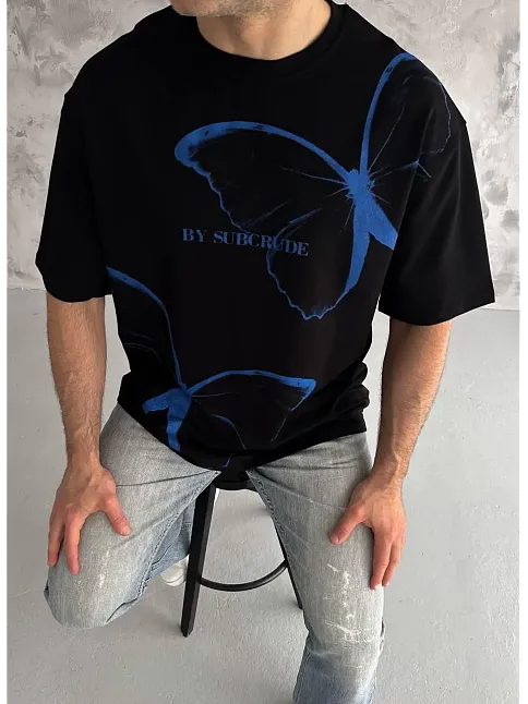 Erkek Kısa Kol Yazlık Tişört Bisiklet Yaka Baskılı Oversize T-shirt - Siyah
