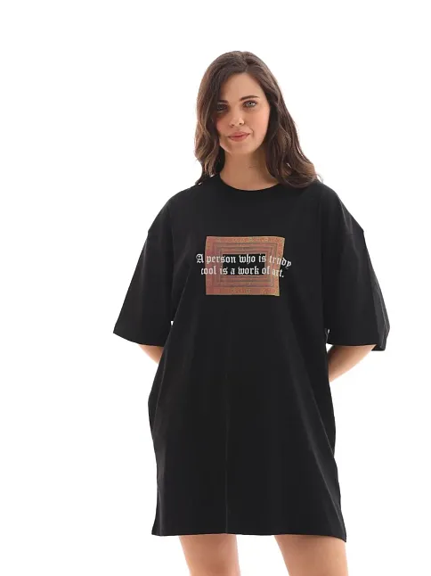 Kadın Baskılı T-shirt Kısa Kol Bisiklet Yaka Oversize Rahat Kalıp Tişört - Siyah