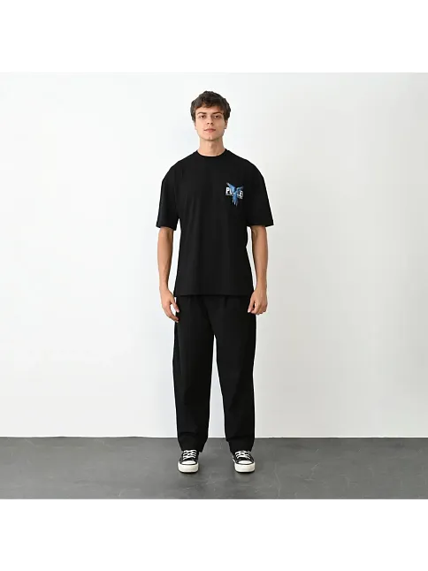 Erkek Baskılı T-shirt Kısa Kol Bisiklet Yaka Regular Fit Rahat Kalıp Günlük Tişört - Siyah