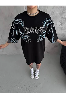 Kadın Bisiklet Yaka Baskılı  Kısa Kol Oversize T-shirt - Siyah