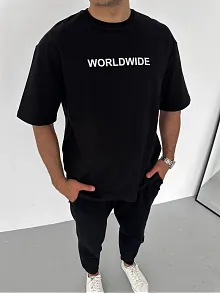 Erkek Baskılı T-shirt Kısa Kol Bisiklet Yaka Regular Fit Rahat Kalıp Günlük Tişört - Siyah