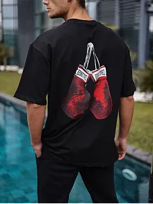 Erkek Kısa Kol Tişört Bisiklet Yaka Box Eldiven Baskılı T-shirt -  Siyah
