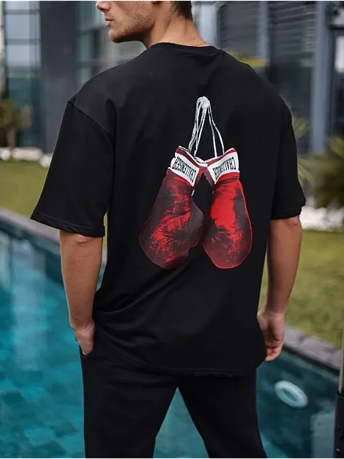 Erkek Kısa Kol Tişört Bisiklet Yaka Box Eldiven Baskılı T-shirt -  Siyah