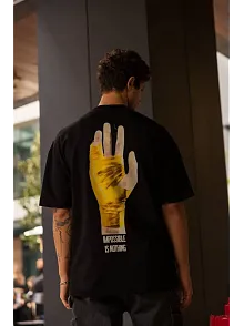 Erkek Kısa Kol Yazlık Tişört Bisiklet Yaka Baskılı Oversize T-shirt - Siyah