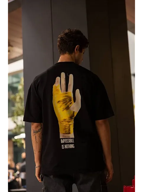 Erkek Kısa Kol Yazlık Tişört Bisiklet Yaka Baskılı Oversize T-shirt - Siyah
