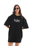 Kadın Kısa Kol Yazlık Tişört Bisiklet Yaka Baskılı Oversize T-shirt - Siyah