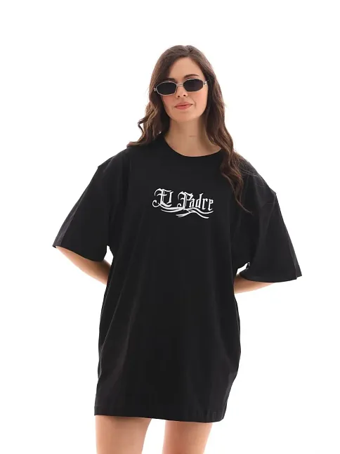 Kadın Kısa Kol Yazlık Tişört Bisiklet Yaka Baskılı Oversize T-shirt - Siyah