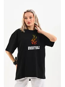 Kadın Baskılı T-shirt Kısa Kol Bisiklet Yaka Oversize Rahat Kalıp Günlük Tişört   - Siyah