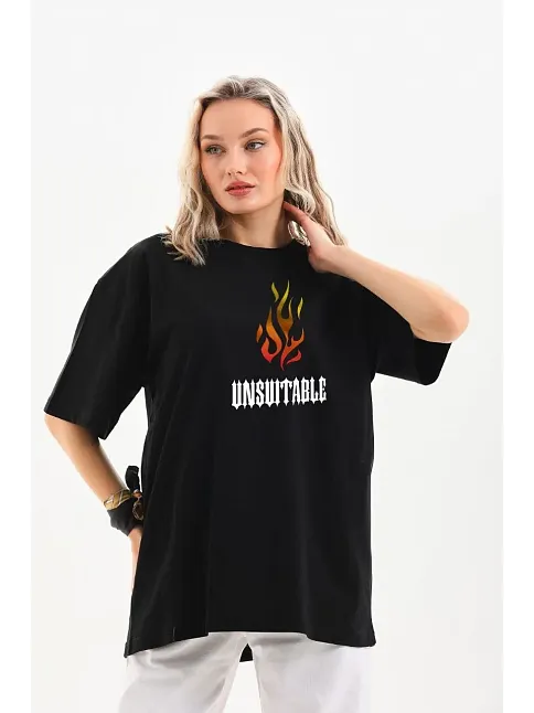 Kadın Baskılı T-shirt Kısa Kol Bisiklet Yaka Oversize Rahat Kalıp Günlük Tişört   - Siyah