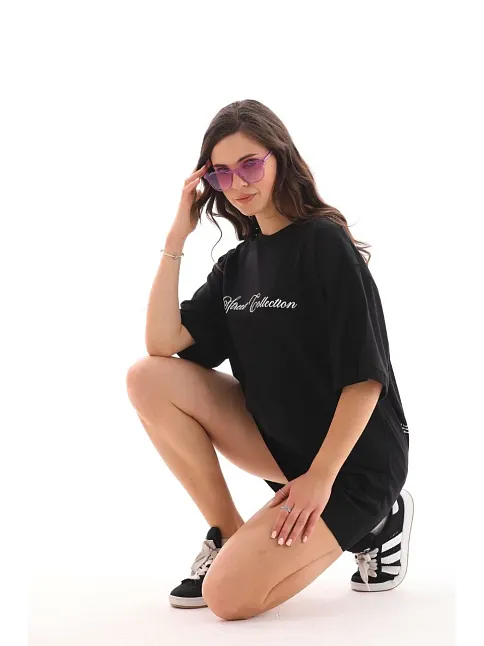 Kadın Baskılı T-shirt Kısa Kol Bisiklet Yaka Oversize Rahat Kalıp Günlük Tişört - Siyah