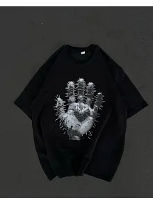 Kadın Baskılı T-shirt Kısa Kol Bisiklet Yaka Regular Fit Rahat Kalıp Günlük Tişört  - Siyah