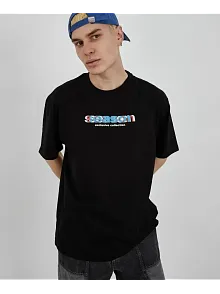Erkek Kısa Kol Yazlık Tişört Bisiklet Yaka Baskılı Oversize T-shirt - Siyah