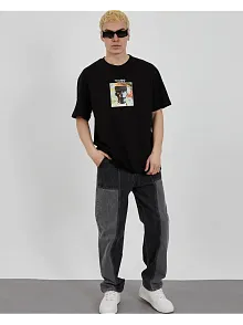 Erkek Kısa Kol Yazlık Tişört Bisiklet Yaka Baskılı Oversize T-shirt - Siyah