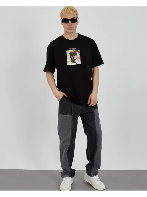 Erkek Kısa Kol Yazlık Tişört Bisiklet Yaka Baskılı Oversize T-shirt - Siyah