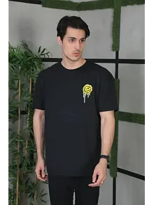 Erkek Kısa Kol Yazlık Tişört Bisiklet Yaka Baskılı Oversize T-shirt - Siyah