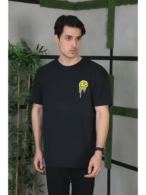 Erkek Kısa Kol Yazlık Tişört Bisiklet Yaka Baskılı Oversize T-shirt - Siyah