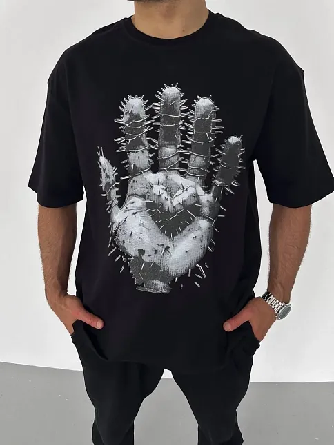 Erkek Baskılı T-shirt Kısa Kol Bisiklet Yaka Regular Fit Rahat Kalıp Günlük Tişört - Siyah