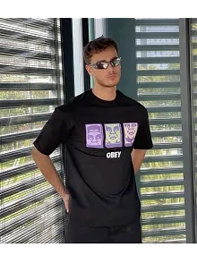 Erkek Bisiklet Yaka Baskılı Oversize Kısa Kol T-shirt - Siyah