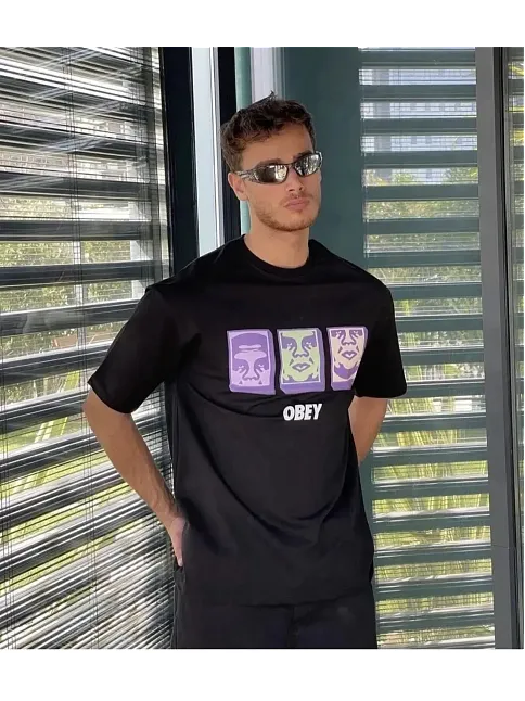 Erkek Bisiklet Yaka Baskılı Oversize Kısa Kol T-shirt - Siyah