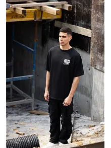 Erkek Kısa Kol Yazlık Tişört Bisiklet Yaka Baskılı Oversize T-shirt - Siyah