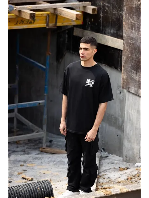 Erkek Kısa Kol Yazlık Tişört Bisiklet Yaka Baskılı Oversize T-shirt - Siyah