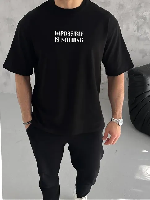 Erkek Tişört Bisiklet Yaka Baskılı Oversize Kısa Kol T-shirt - Siyah