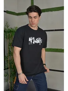 Erkek Kısa Kol Yazlık Tişört Bisiklet Yaka Baskılı Oversize T-shirt - Siyah
