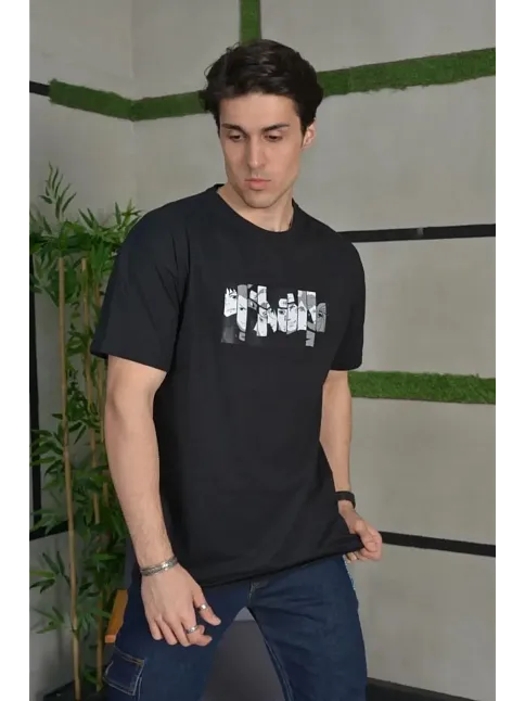 Erkek Kısa Kol Yazlık Tişört Bisiklet Yaka Baskılı Oversize T-shirt - Siyah