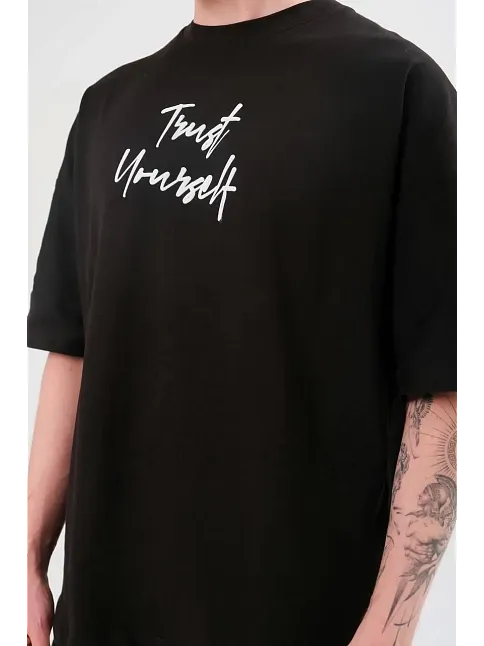 Erkek Kısa Kol Yazlık Tişört Bisiklet Yaka Baskılı Oversize T-shirt -  Siyah