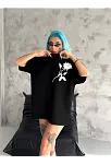 Kadın Bisiklet Yaka Baskılı Oversize  Kısa Kol T-shirt - Siyah