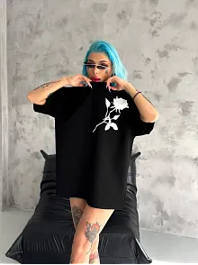 Kadın Bisiklet Yaka Baskılı Oversize  Kısa Kol T-shirt - Siyah