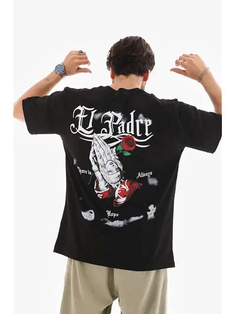 Erkek Kısa Kol Yazlık Tişört Bisiklet Yaka Baskılı Oversize T-shirt - Siyah