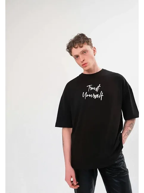 Erkek Kısa Kol Yazlık Tişört Bisiklet Yaka Baskılı Oversize T-shirt -  Siyah