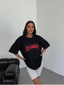 Kadın Kısa Kol Yazlık Tişört Bisiklet Yaka Los Angeles Baskılı T-shirt - Siyah