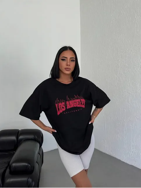 Kadın Kısa Kol Yazlık Tişört Bisiklet Yaka Los Angeles Baskılı T-shirt - Siyah