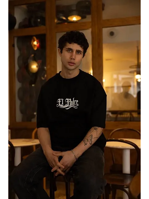 Erkek Tişört Bisiklet Yaka Baskılı Oversize Kısa Kol T-shirt - Siyah