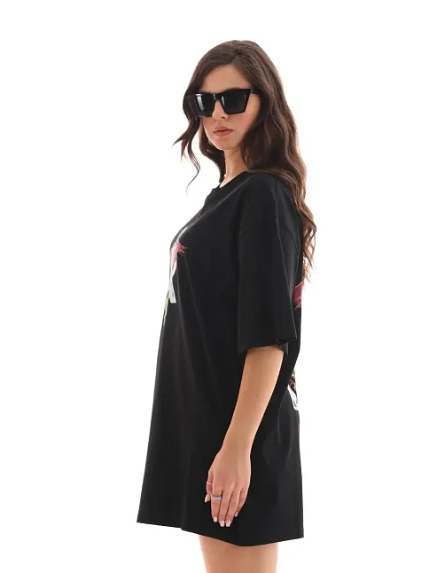 Kadın Baskılı T-shirt Kısa Kol Bisiklet Yaka Regular Fit Rahat Kalıp Günlük Tişört -siyah