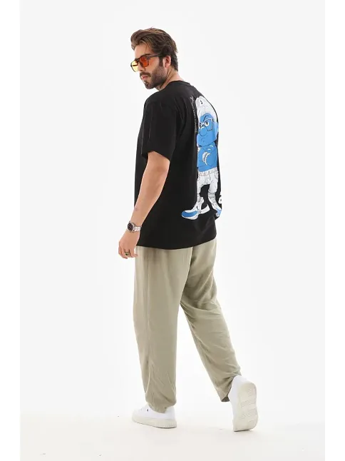 Erkek Kısa Kol Yazlık Tişört Bisiklet Yaka Baskılı Oversize T-shirt - Siyah