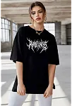 Kadın Baskılı T-shirt Kısa Kol Bisiklet Yaka Oversize Rahat Kalıp Günlük Tişört   - Siyah