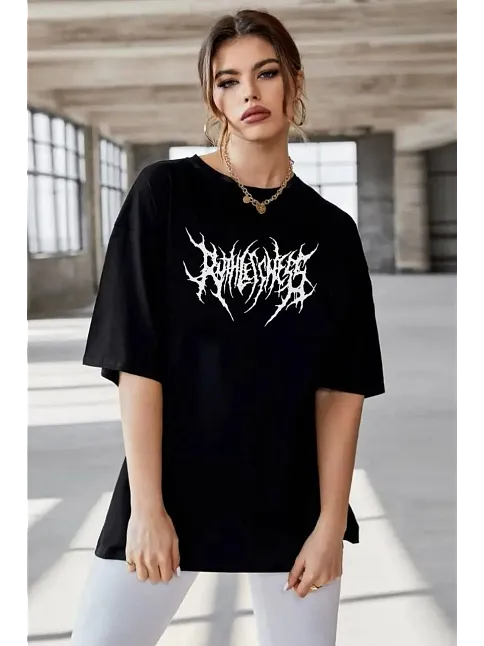 Kadın Baskılı T-shirt Kısa Kol Bisiklet Yaka Oversize Rahat Kalıp Günlük Tişört   - Siyah