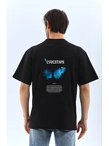 Erkek Kısa Kol Yazlık Tişört Bisiklet Yaka Kelebek Baskılı  T-shirt - Siyah