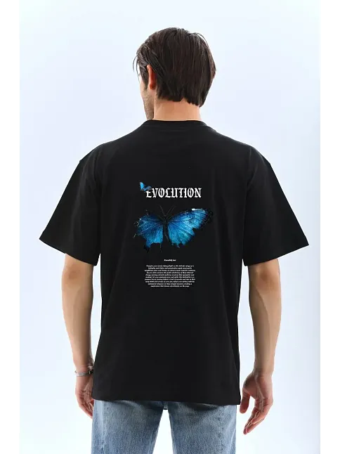 Erkek Kısa Kol Yazlık Tişört Bisiklet Yaka Kelebek Baskılı  T-shirt - Siyah