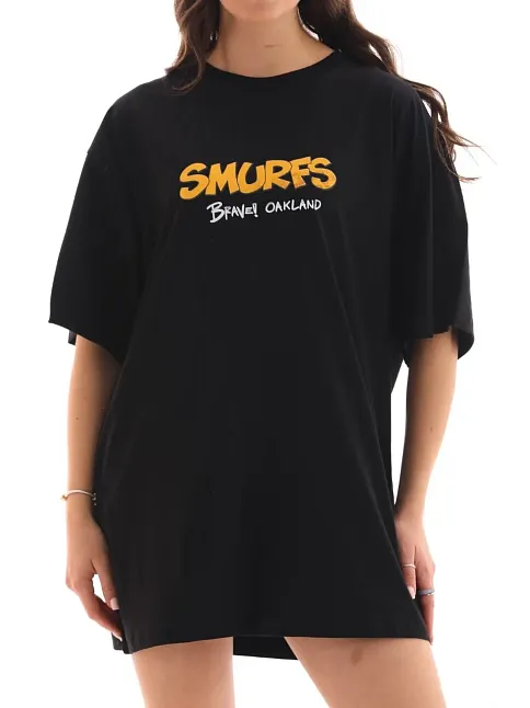 Kadın Kısa Kol Yazlık Tişört Bisiklet Yaka Baskılı Oversize T-shirt - Siyah