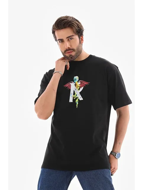 Erkek Baskılı T-shirt Kısa Kol Bisiklet Yaka Regular Fit Rahat Kalıp Tişört -  Siyah