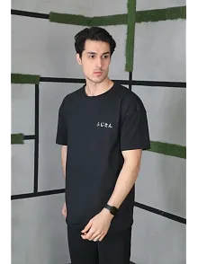 Erkek Kısa Kol Yazlık Tişört Bisiklet Yaka Baskılı Oversize T-shirt - Siyah